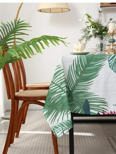 Detail of tropical palm leaf pattern on durable cotton linen blend tablecloth