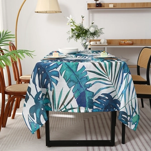 Nordic rectangular tablecloth with tropical blue leaf print for dining room decor