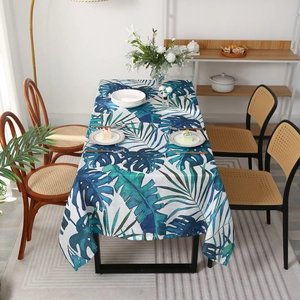 Minimalist rectangular tablecloth with tropical monstera leaves for dining table decor