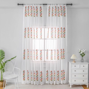 Pastoral style semi-sheer white curtains with colorful embroidered leaf patterns for home decor