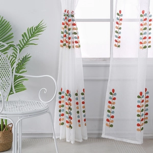 Pastoral white sheer curtain with colorful embroidered leaves and beaded trim for bedroom