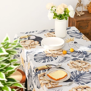 Tropical style tablecloth with toucan and floral print on linen texture fabric