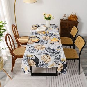 Minimalist rectangular cotton linen tablecloth with tropical toucan and flower print