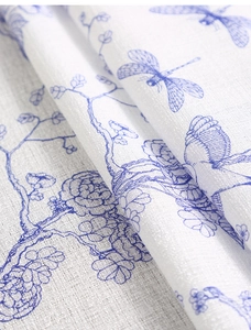 Close-up of white fabric with blue floral bird patterns showing fine textile texture