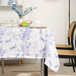 Rectangle white cotton linen tablecloth with blue dragonfly and floral porcelain patterns