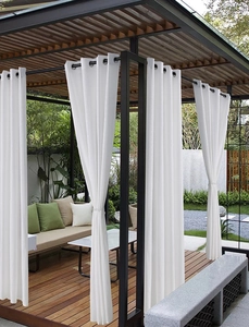 Waterproof white outdoor curtains with rustproof black metal grommets for patio gazebo