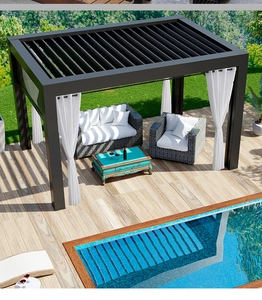 Modern black outdoor pergola with adjustable louvered roof and white waterproof curtains