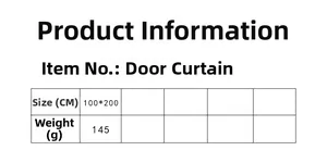Detailed size chart for lace door curtain showing 100x200cm dimensions and 145g weight