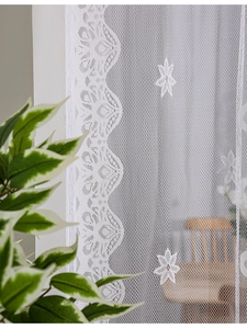Detail of white French lace curtain with embroidered floral patterns and scalloped edges