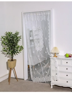 Detail of white French lace door curtain with floral embroidery and scalloped edges