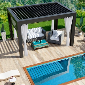 Modern black aluminum pergola with adjustable louvered roof and white outdoor curtains