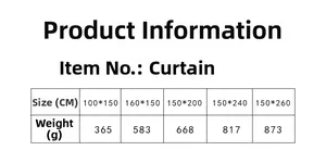Size chart for Nordic curtains showing dimensions and weight specifications for five sizes
