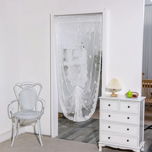 French style white lace door curtain with central medallion pattern and scalloped edges
