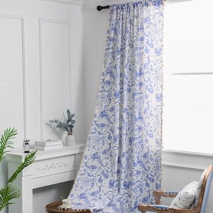 Nordic minimalist curtains with blue ocean print and elegant beige tassels for living room