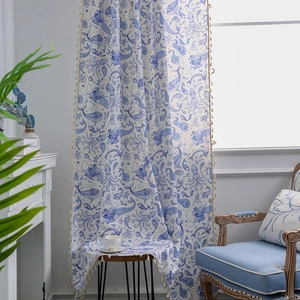 Nordic minimalist ocean print curtains with blue whale patterns and tassel edges