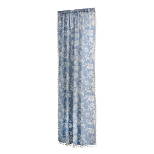 Nordic light luxury light blue curtains with white floral patterns and ball tassel trim