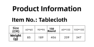 Detailed size chart with weight and dimensions for floral printed cotton linen tablecloths