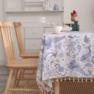 Linen rectangular tablecloth with blue nautical print, mermaid octopus pattern and tassels