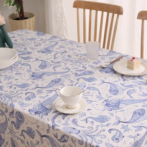 Nordic cotton linen tablecloth featuring blue ocean mermaid patterns on white fabric