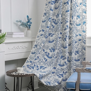 Bohemian blue and white floral printed curtains with tassels for living room decor