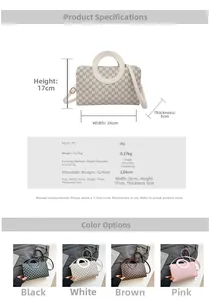 Detailed size chart and multi-color options for letter print handbag with round handle