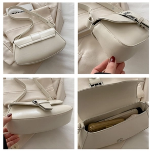 Detail view of cream white PU leather shoulder bag showing interior space and side profile