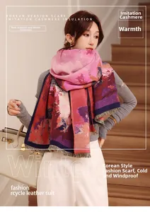 Detail of oil painting style thick cashmere-like scarf with soft fringes and artistic pattern