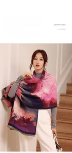 Artistic oil painting pattern thick shawl with fringe details on cashmere-feel scarf