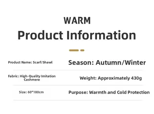 Detailed specifications chart for warm 430g faux cashmere scarf 60x180cm for winter