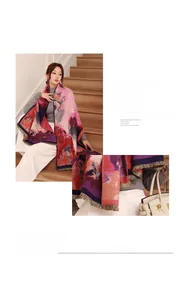 Detail of oil painting style scarf featuring artistic fringe and cashmere-like texture