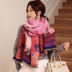 Artistic oil painting style thick cashmere-like scarf with delicate fringed edges detail