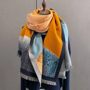 Thick elk cashmere feel scarf with colorful geometric patchwork and delicate tassels
