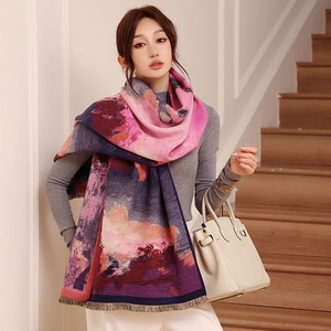 Macro view of warm oil painting style cashmere scarf with soft tassel edges and color blocks
