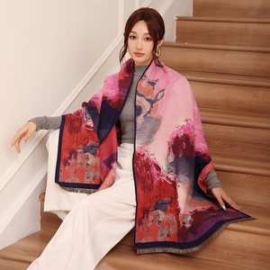 Detailed close-up of thick oil painting style cashmere scarf with elegant fringe edges