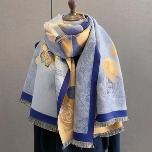 Vintage floral cashmere scarf with butterfly jacquard pattern and long fringe tassels