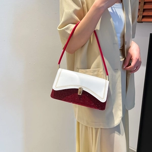 Fashionable color-block shoulder bag with white leather flap and burgundy sequins