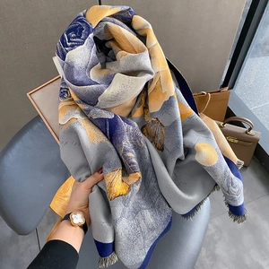 Vintage lotus print cashmere-like scarf with tassels, soft elegant winter shawl for women