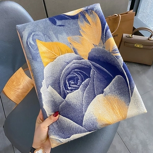 Vintage floral cashmere scarf with blue and yellow lotus pattern for winter warmth
