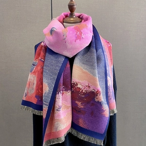 Thick cashmere-like scarf with abstract oil painting print and tassel edges for women