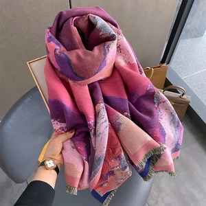 Artistic oil painting style cashmere-like pashmina shawl with fringes in purple and pink