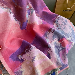 Thick abstract oil painting style cashmere scarf with fringed edges for autumn and winter