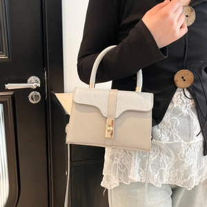 Retro grey crossbody bag with tweed flap and gold twist lock in hand of model