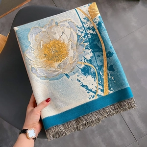 Écharpe d'hiver aspect cachemire motif lotus rétro avec franges épaisses bleu et crème