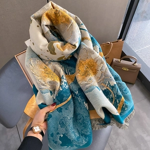 Écharpe style cachemire rétro pour femme avec pampilles motif floral bleu et doré