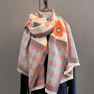 Thick cashmere-feel geometric rhombic scarf with warm orange and blue floral patterns