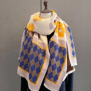Fashionable oversized cashmere shawl with yellow floral and blue argyle diamond patterns