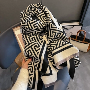 Écharpe Châle Hiver Imitation Cachemire Motif Grec Géométrique Chaud Avec Franges Femmes