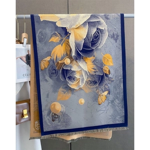 Retro Floral Lotus Print Scarf Shawl Imitation Cashmere Elegant Butterfly Pattern Large Tassel Wrap Warm Winter For Women