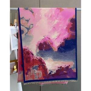Women Imitation Cashmere Scarf Shawl Thickened Double Sided Oil Painting Abstract Print Warm Tassel Fringe Elegant Winter Wrap
