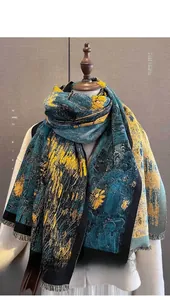 Detailed texture of thick oil painting style cashmere-feel scarf with artistic pattern